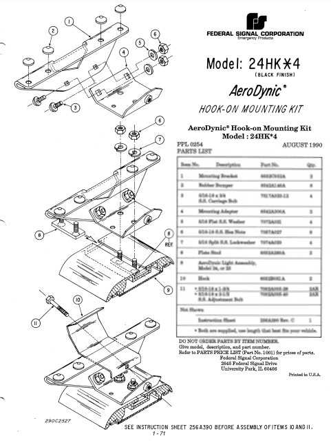 Federal Signal AeroDynic Lightbar Hook-On Mounting Kit Model 24HK-4 Black Finish Parts List