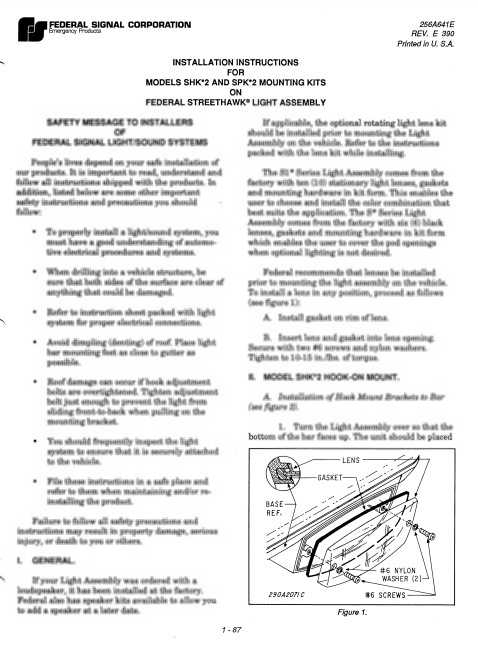 Federal Signal Installation Instructions For SHK-2 SPK-2 Mounting Kits On StreetHawk Lightbar