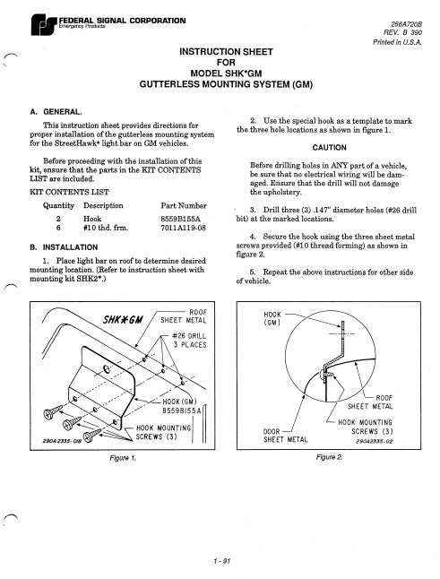 Federal Signal Instruction Sheet For Model SHK-GM Gutterless Mounting System (GM)