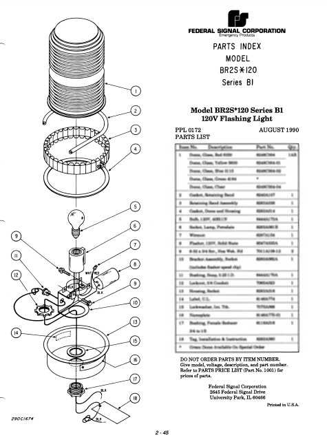 Federal Signal Light 120V Flashing Model BR2S-120 Series B1 Parts List