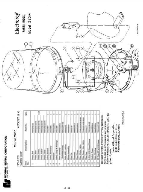 Federal Signal Light ElectraRay Model 225 Parts List