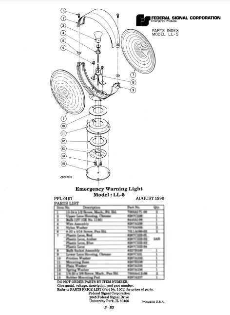 Federal Signal Light Emergency Warning Model LL-5 Parts List