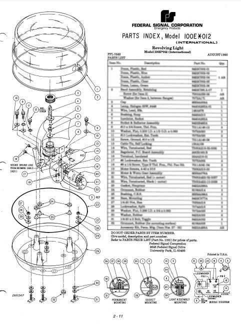 Federal Signal Light Model 100E (International) Parts List