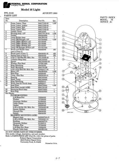 Federal Signal Light Model 16 Series A1 Parts List