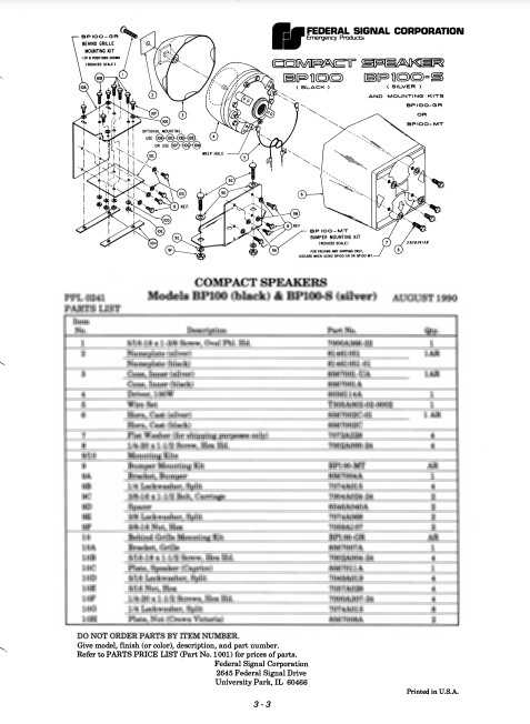 Federal Signal Speaker Compact Model BP100 BP100-S Parts List