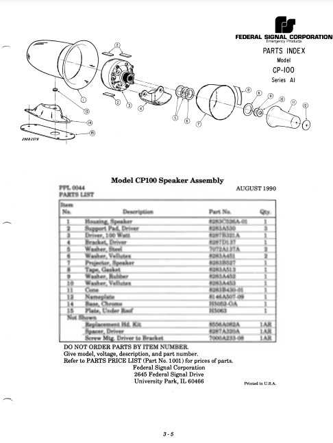 Federal Signal Speaker Model CP-100 Series A1 Parts List