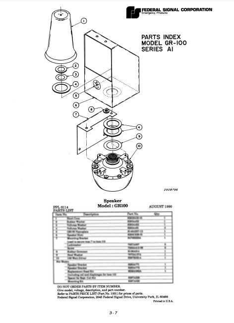 Federal Signal Speaker Model GR-100 Series A1 Parts List