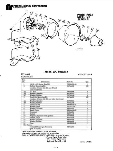 Federal Signal Speaker Model MC Series A1 Parts List