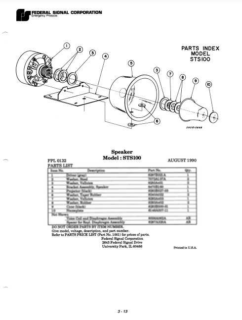 Federal Signal Speaker Model STS100 Parts List