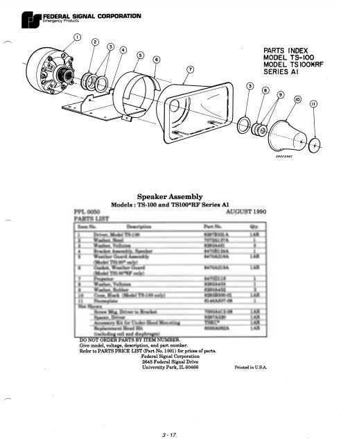 Federal Signal Speaker Model TS-100 TS-100RF Series A1 Parts List