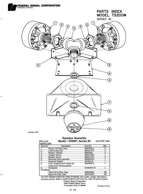 Federal Signal Speaker Model TS-200 Series B1 Parts List