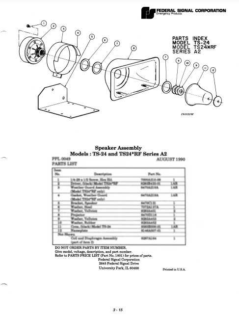 Federal Signal Speaker Model TS-24 TS-24RF Series A2 Parts List