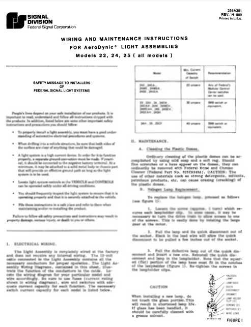 Federal Signal Wiring and Maintenance Instructions For Aerodynic Models 22 24 and 25