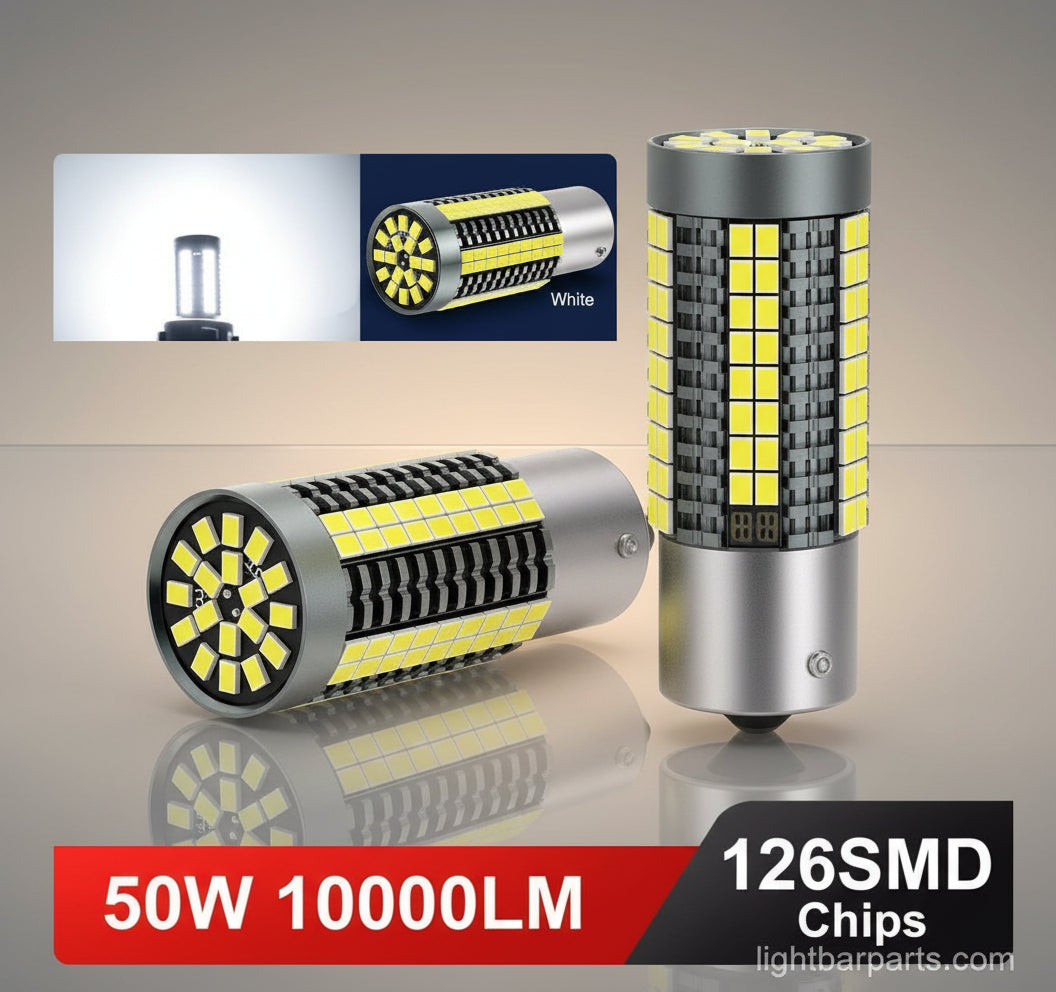 Two LED twist lock replacement bulbs for vehicle lighting, with a bright white color and a twist lock base, branded by Federal Signal for use in various lightbars.