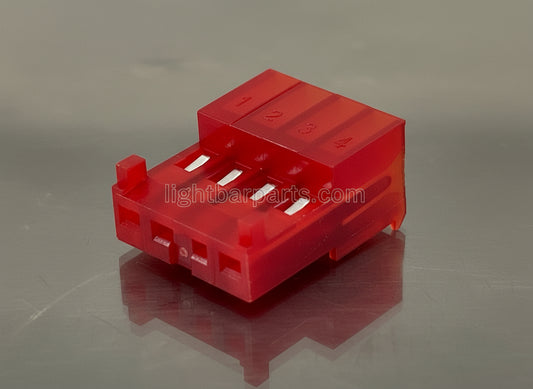A red 4 pin connector, likely made of plastic, designed for Whelen MPC01 Controller.