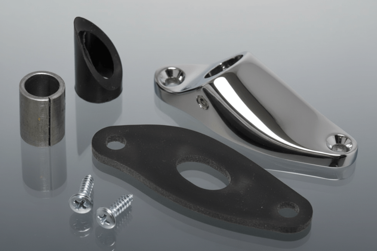 An installation kit for a spotlight, including components such as a mounting bracket, gasket, fasteners, and template.