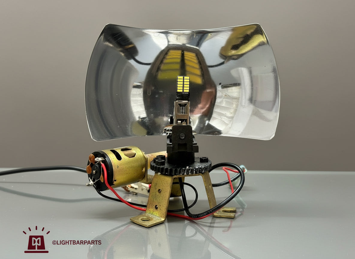Metallic light bar component on a reflective surface with a neutral background