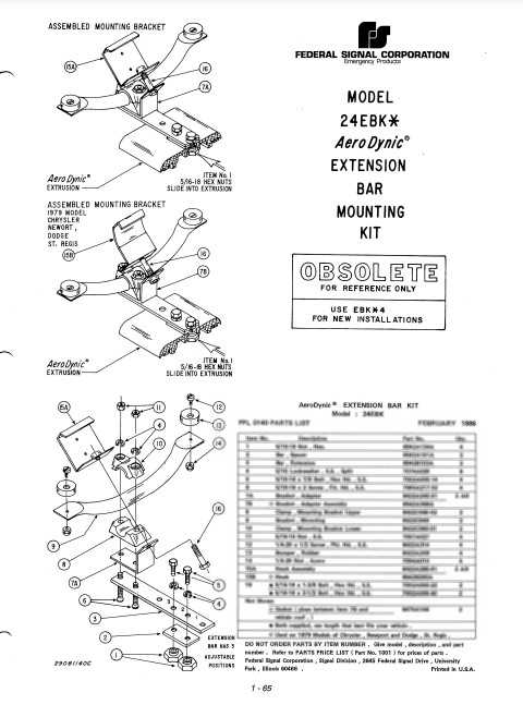 Federal Signal AeroDynic Lightbar Extension Bar Mounting Kit Model 24EBK Parts List
