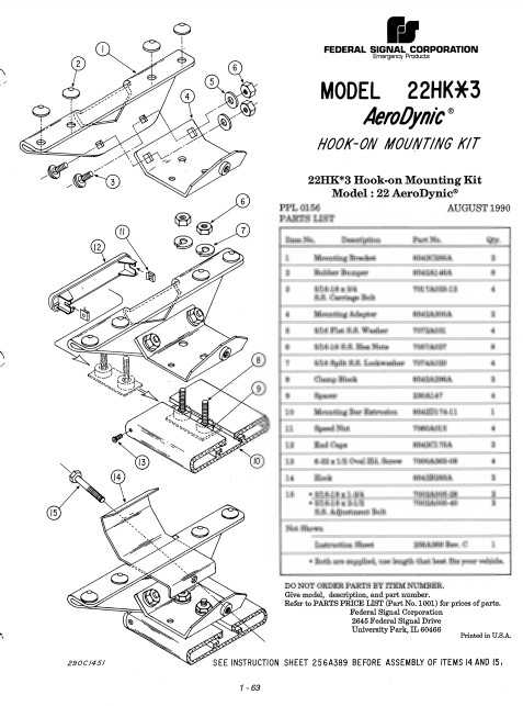 Federal Signal AeroDynic Lightbar Hook-On Mounting Kit Model 22HK Parts List