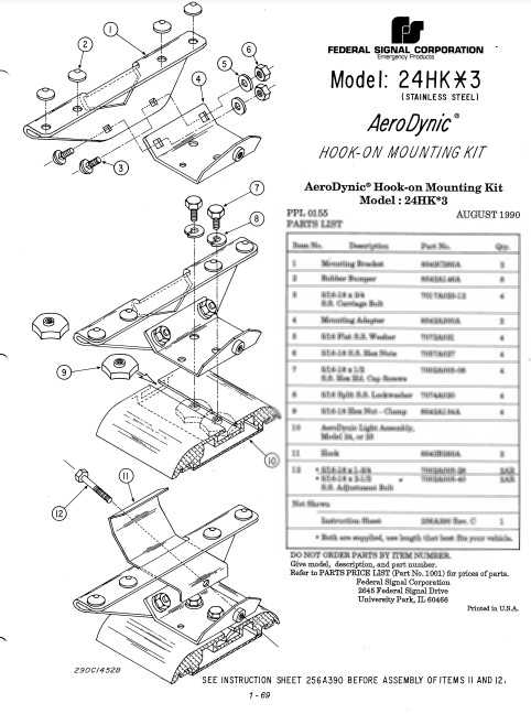Federal Signal AeroDynic Lightbar Hook-On Mounting Kit Model 24HK-3 Stainless Steel - Parts List