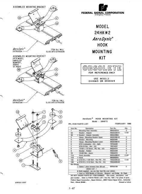 Federal Signal AeroDynic Lightbar Hook Mounting Kit Model 24HK-2 Parts List