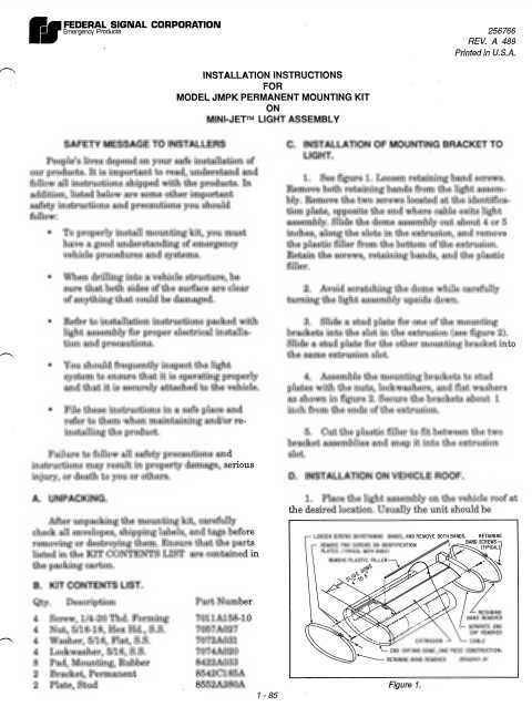 Federal Signal Installation Instructions For Model JMPK Permanent Mounting Kit On MINI-JET Lightbar