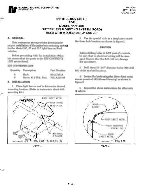 Federal Signal Instruction Sheet For Model HK-FORD Gutterless for Model 24 J JL