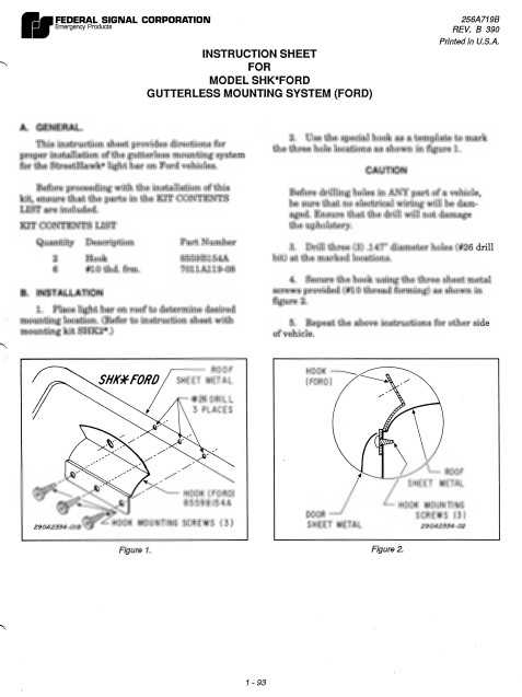 Federal Signal Instruction Sheet For Model SHK-FORD Gutterless Mounting System (FORD)