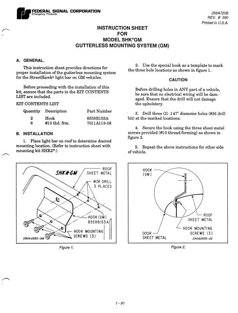 Federal Signal Instruction Sheet For Model SHK-GM Gutterless Mounting