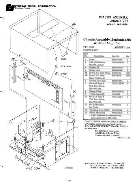 Federal Signal JetSonic Lightbar Model JS Chassis Assembly Without Amplifier Parts List