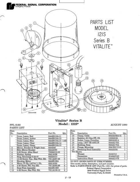 Federal Signal Light Vitalite Model 121S Series B Parts List