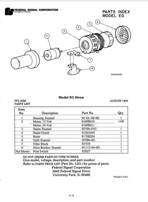 Federal Signal Mechanical Siren Model EG - Parts List