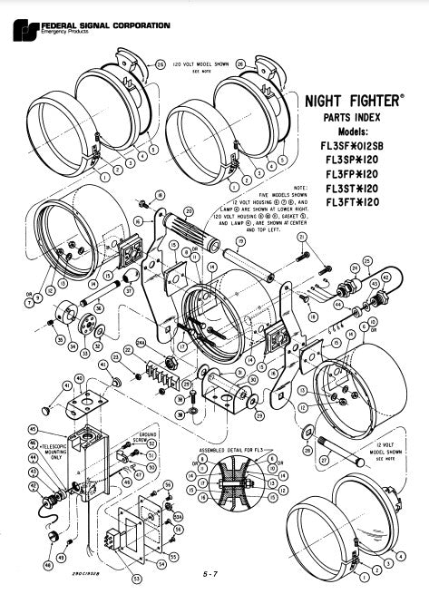 Federal Signal Night Fighter Model FL3F FL3SP FL3FP FL3ST FL3FT Parts List