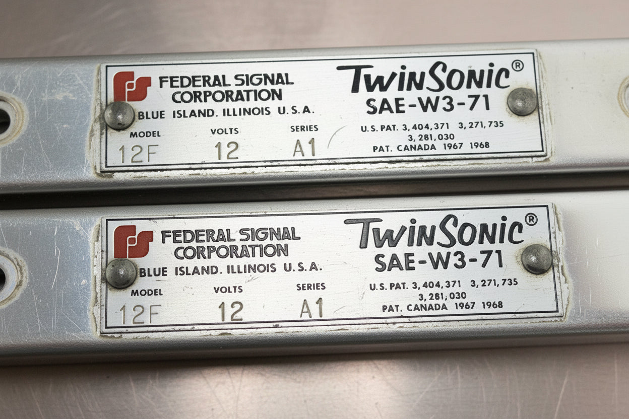Federal Signal Twinsonic 12F - 12V - Series A1 - Pair of End Caps - Data Plates