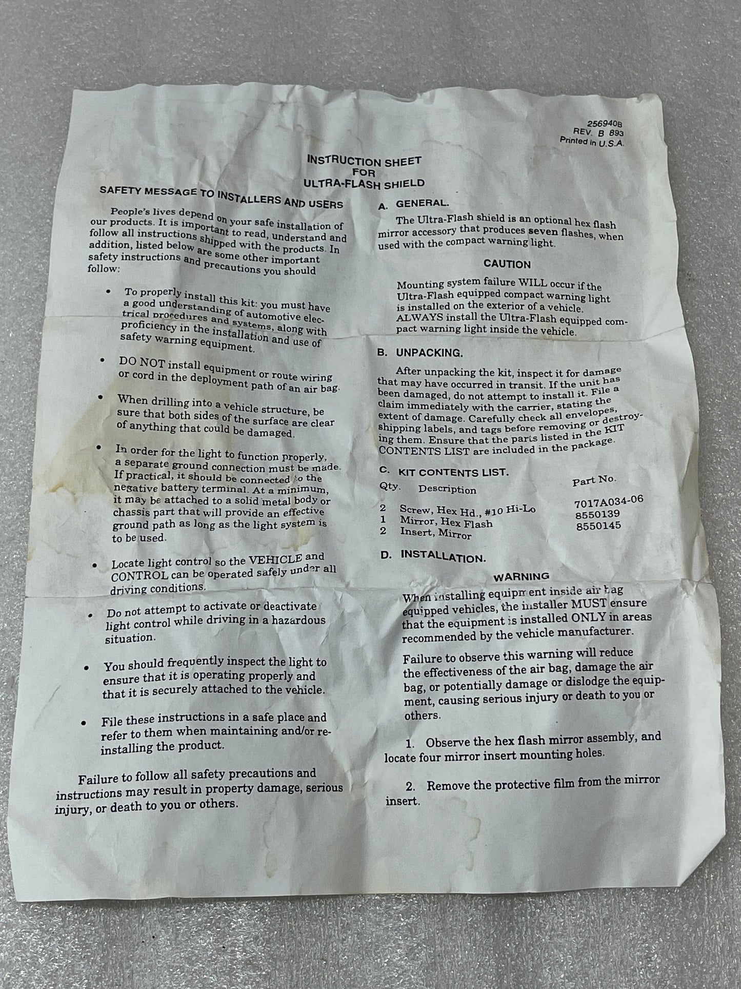 Federal Signal Ultra-Flash Mirror Assembly New Old Stock