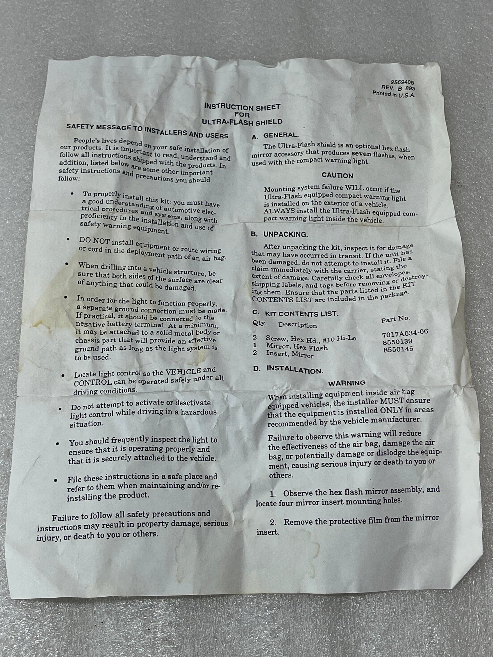 Federal Signal Ultra-Flash Mirror Assembly New Old Stock