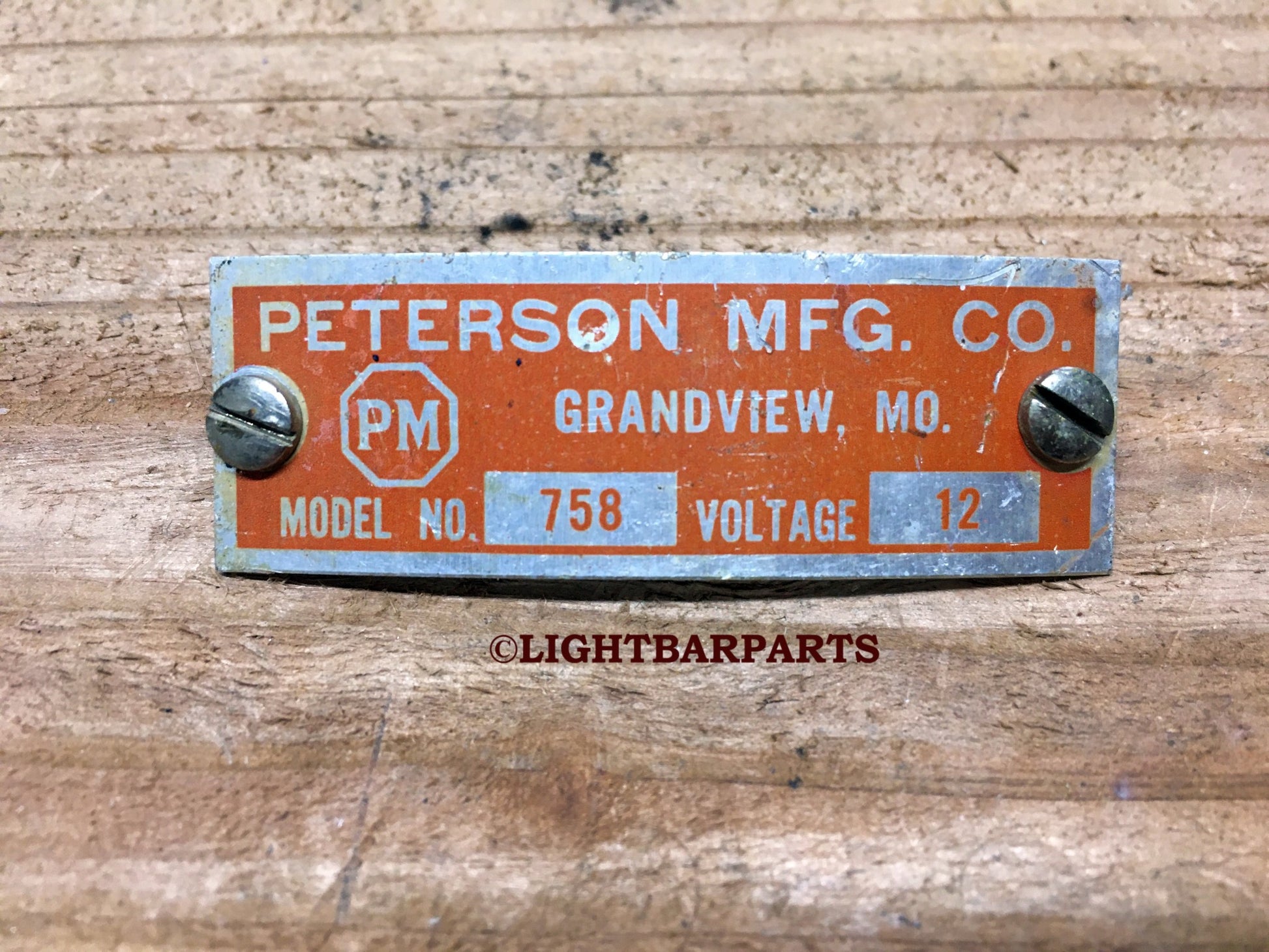 Peterson MFG Manufacturing Model Number 758 - ID Tag - Data Plate - With Screws - light bar parts